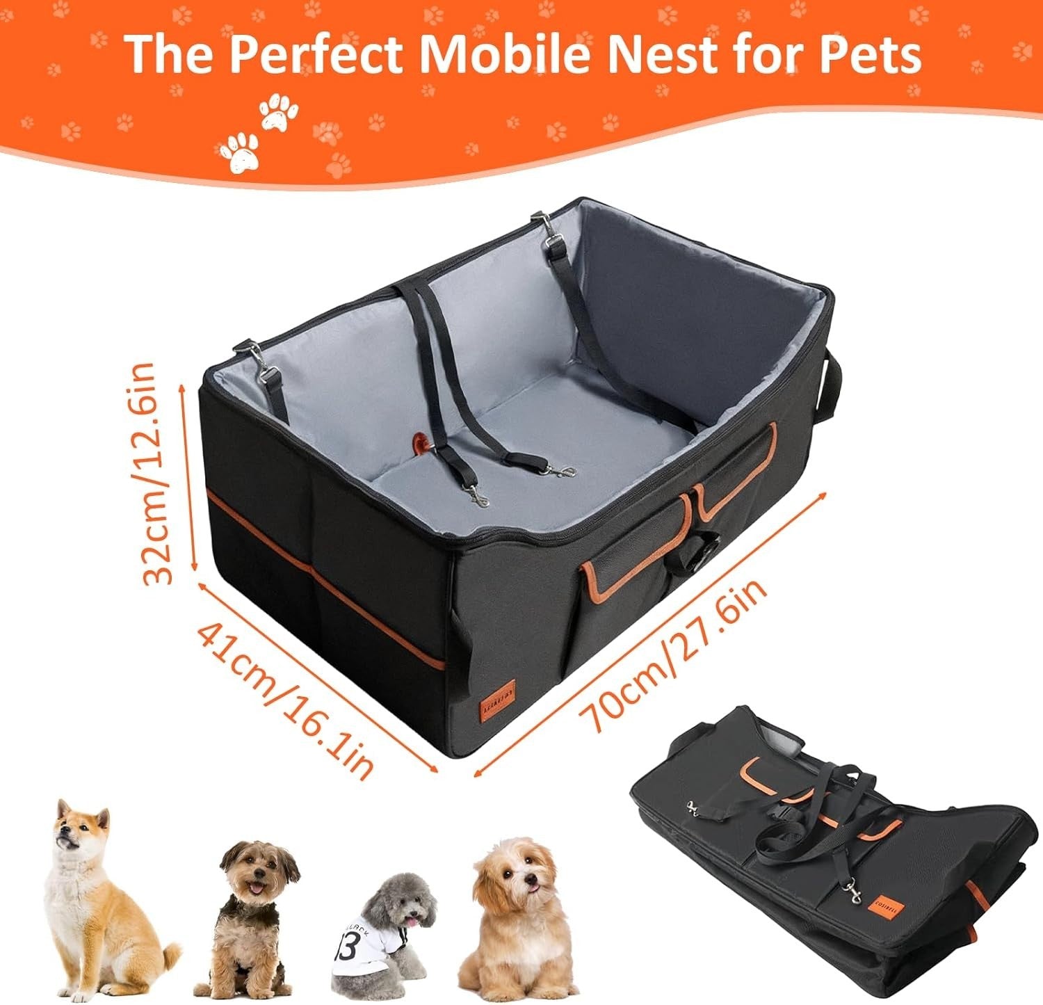 Elevated Dog Car Seat Booster Bed Medium Dogs Travel Seat Safety Leash
