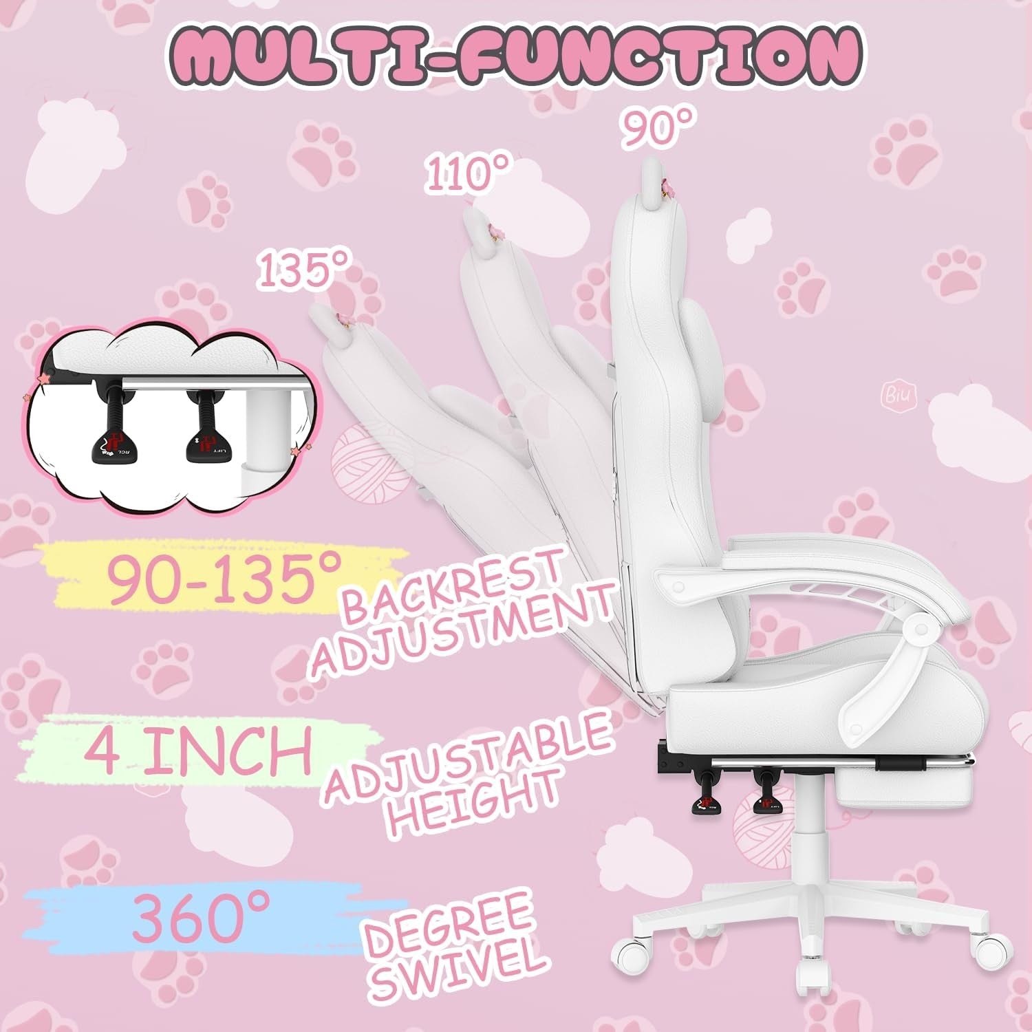 Cute Gaming Chair Cat Ears Massage Footrest White