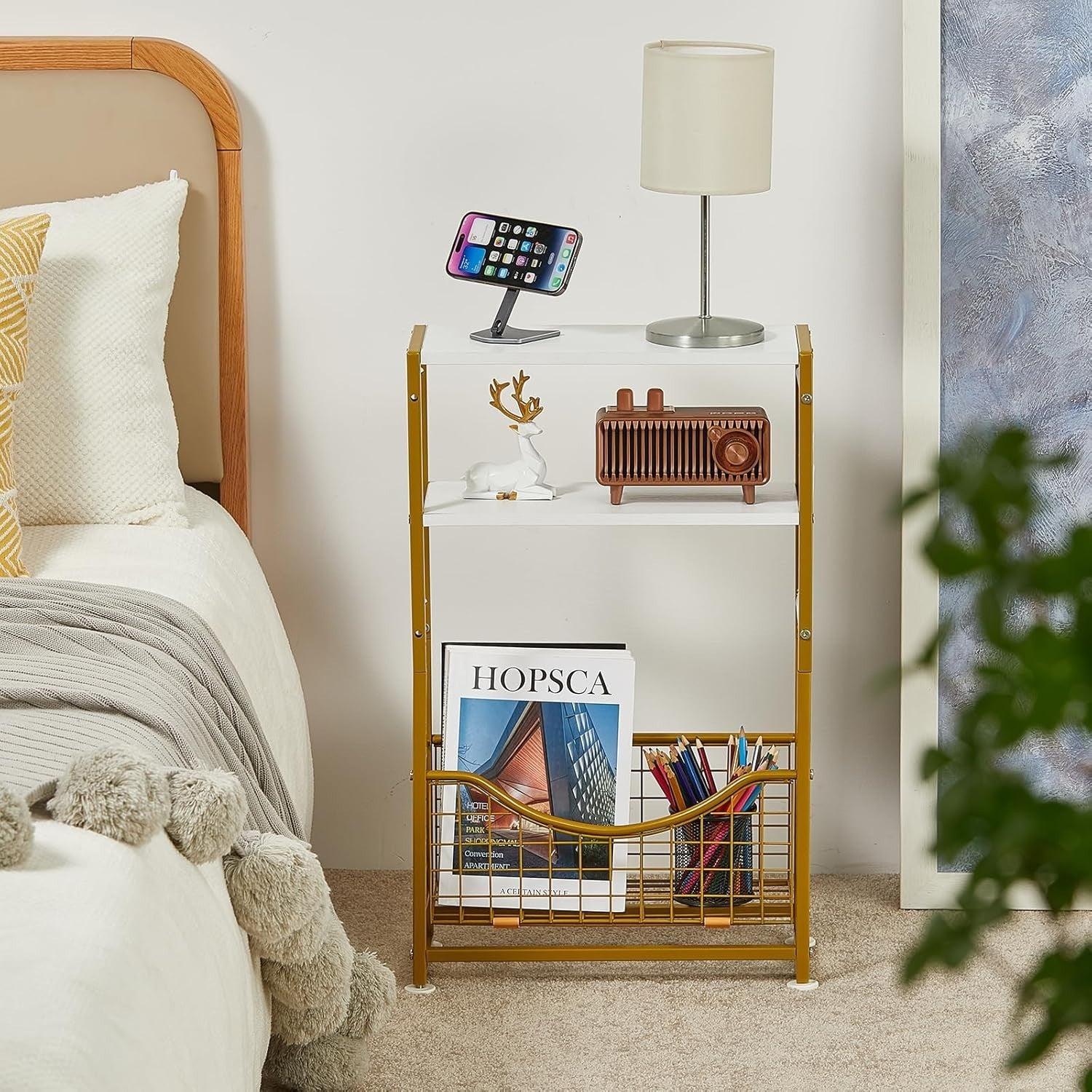 White Gold 3-Tier Narrow Side Table 30x30x50 cm | Slim End Table w/ Storage
