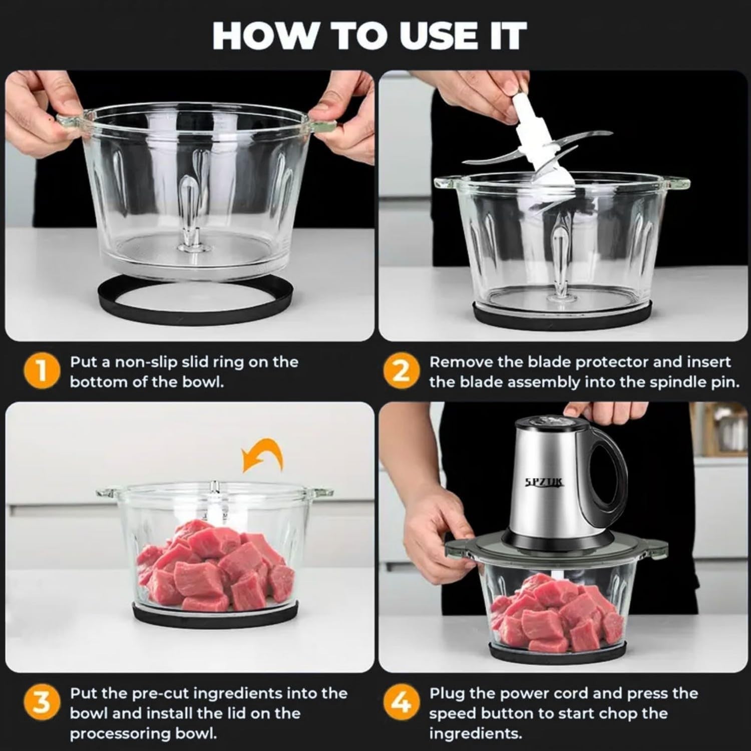 8 Cup Food Processor 300W Meat Grinder Dual Bowl 3 Speed Chopper