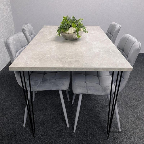 Grey Dining Table Set with 4 Velvet Chairs – Hairpin Legs Modern 4 Seater
