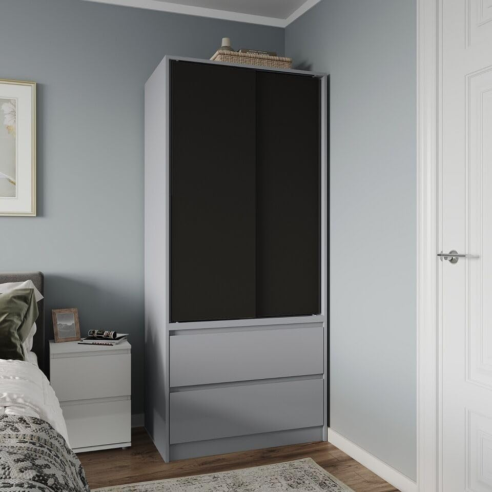 Modern 2-Door Sliding Wardrobe with Drawers, Silent Doors & Adjustable Feet
