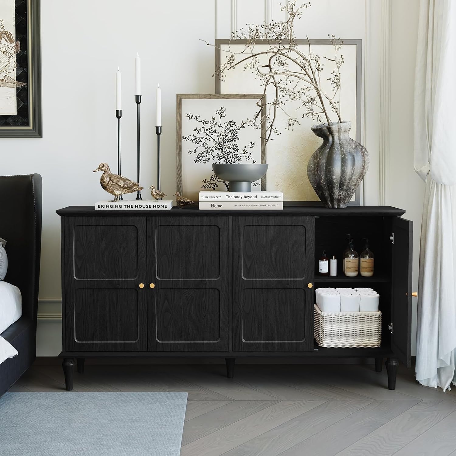 Mid-Century Black Sideboard with Wine Glass Rack, 4 Doors, Large Storage