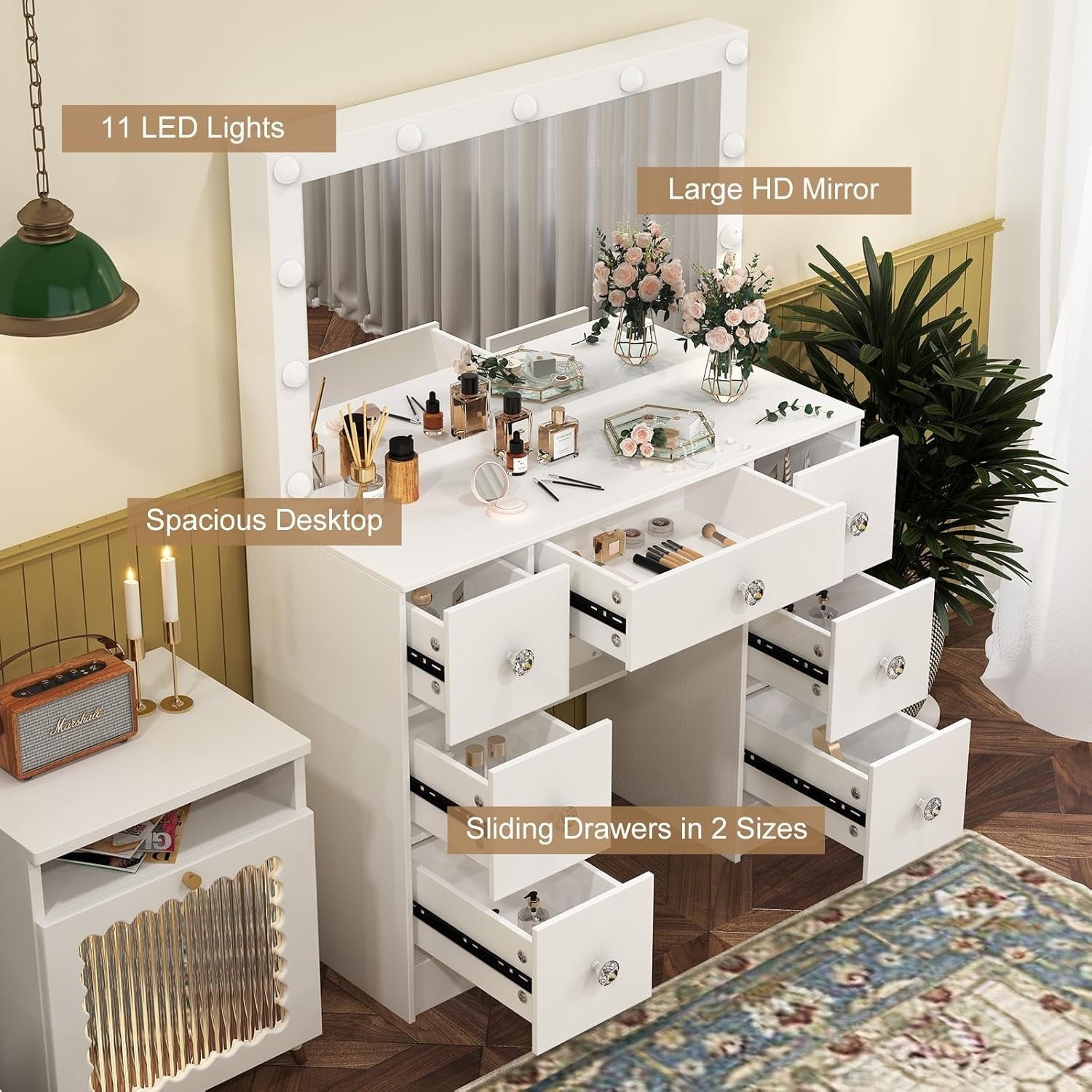White Vanity Makeup Dresser Table 7 Drawers Large Mirror 3-Color LED Light Stool
