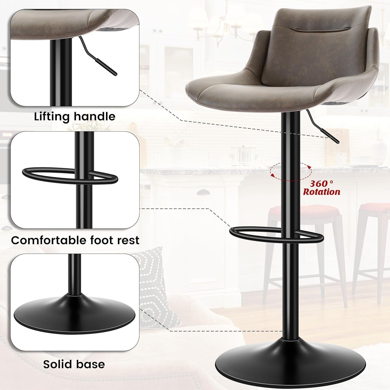 Adjustable Brown PU Leather Bar Stools Set of 2 Swivel Kitchen Counter