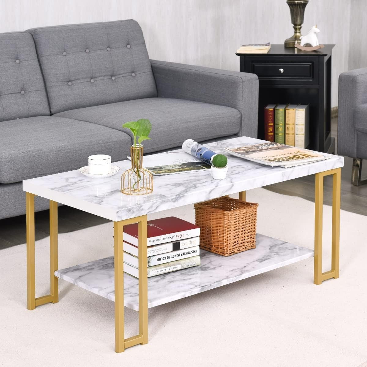 Marble Effect 2-Tier Coffee Table with Shelf, Gold Frame, Small Space Living Roo