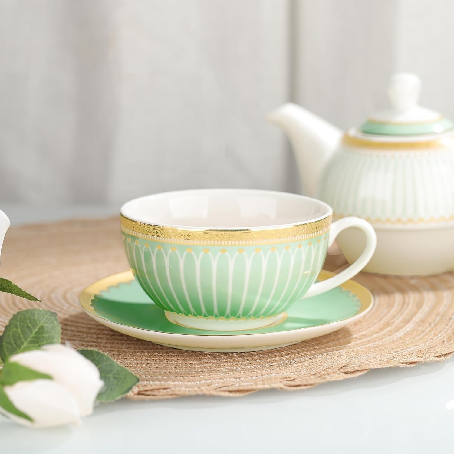 Porcelain Teapot Cup & Saucer Set Green Gold Afternoon Tea Set Gift