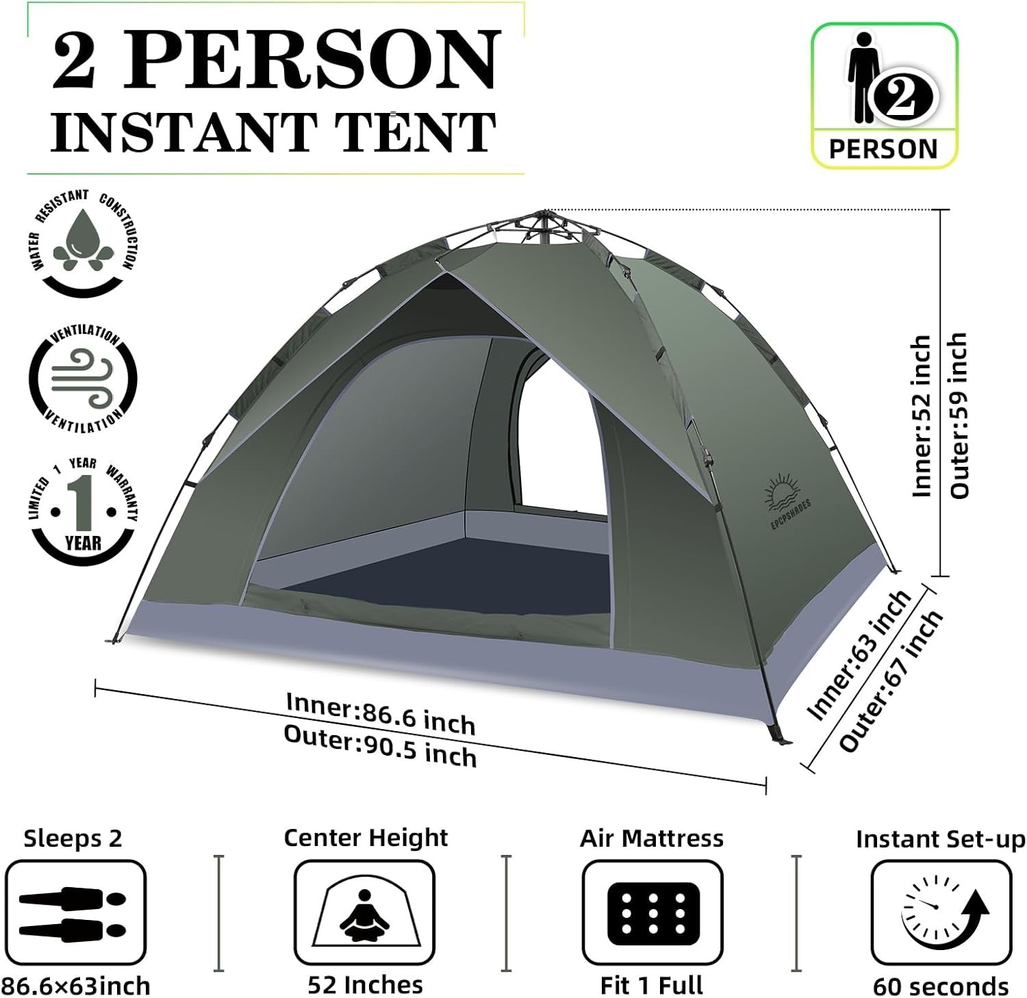 2 Man Pop Up Camping Tent Waterproof Double Layer with Carry Bag