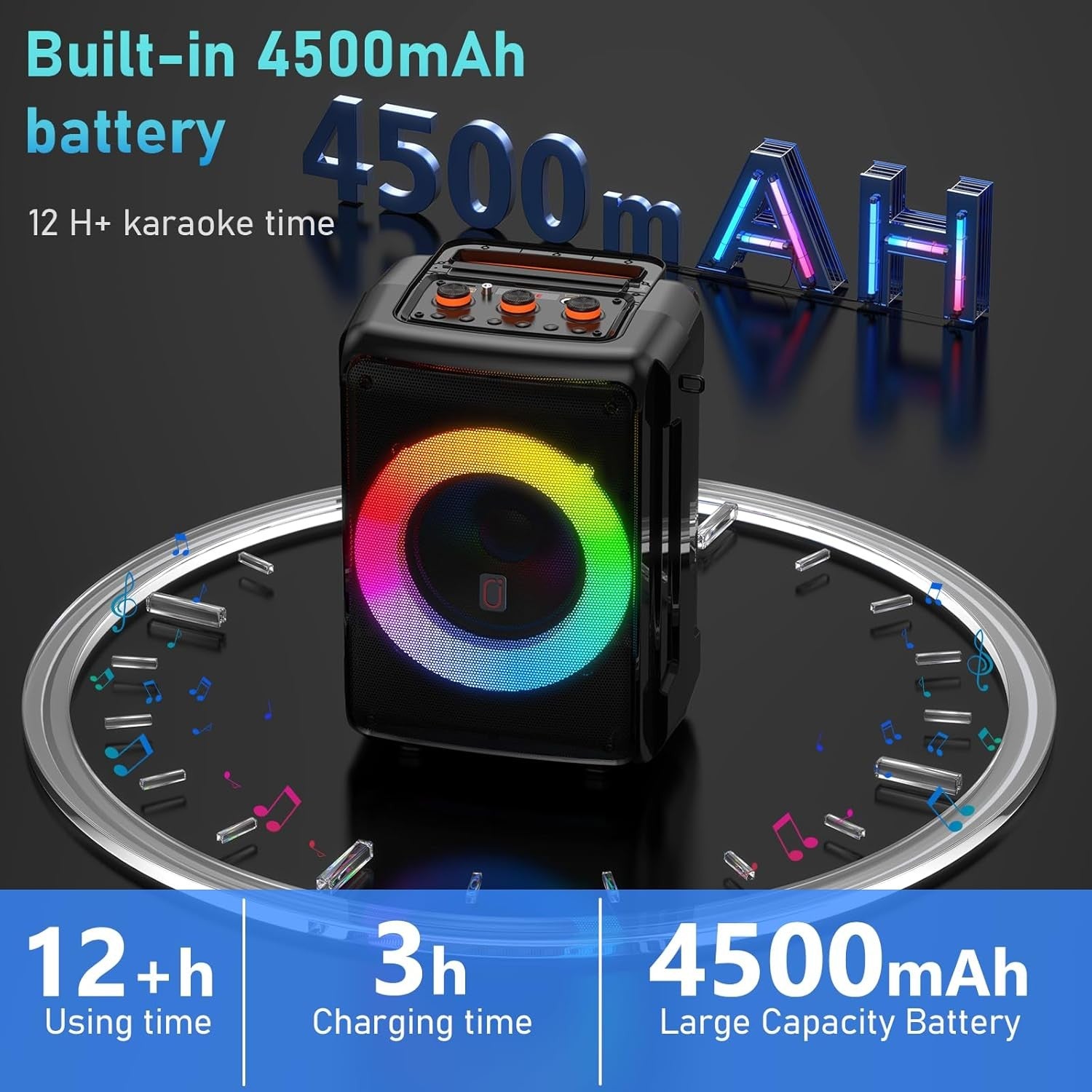 Portable Karaoke Machine 2 Mics Bluetooth 5.3 DJ Lights TWS