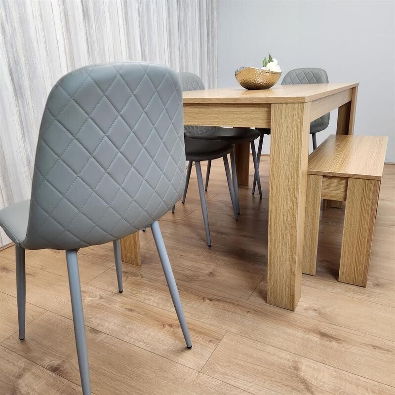 6 Seater Oak Dining Table Set with Bench & 4 Grey Chairs for Kitchen