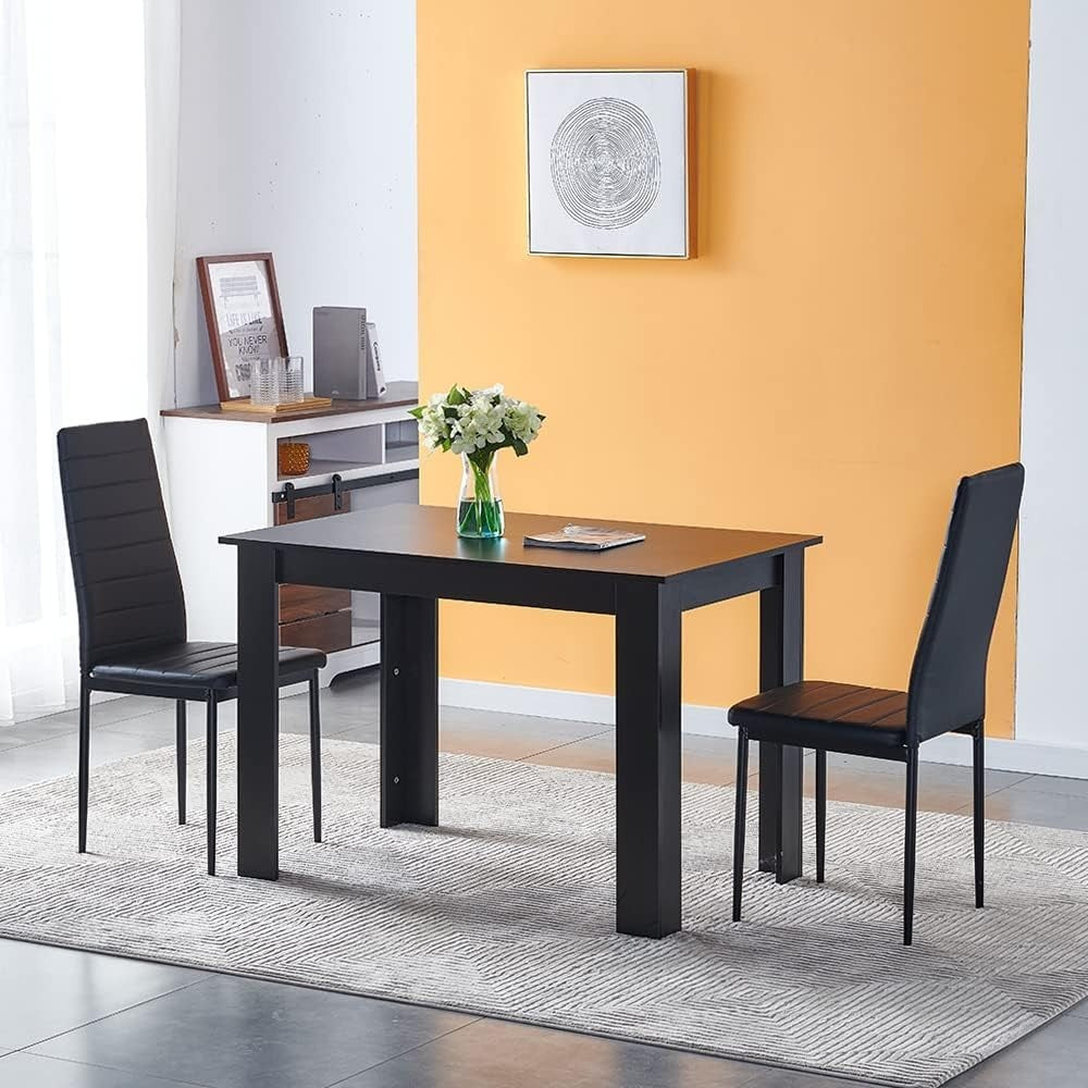 4 Chair Black Dining Table Set PU Leather Small Space Kitchen 110cm