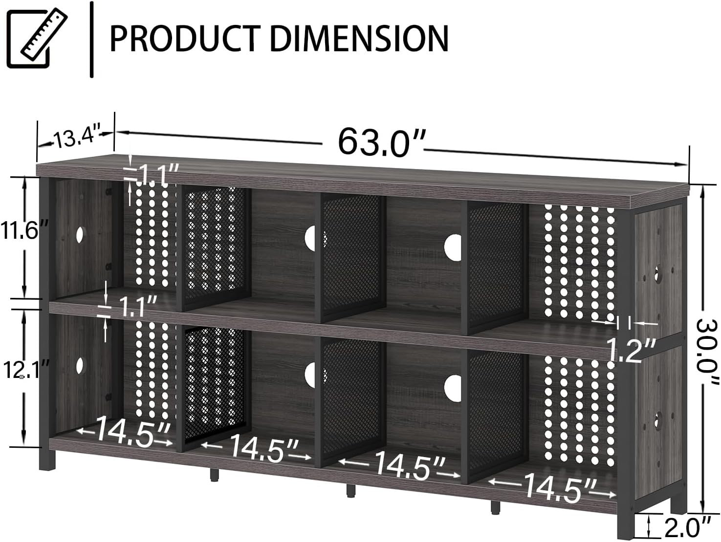 Grey Oak 8 Cube Wooden Bookcase Storage Cabinet Industrial Style 160x34x76cm