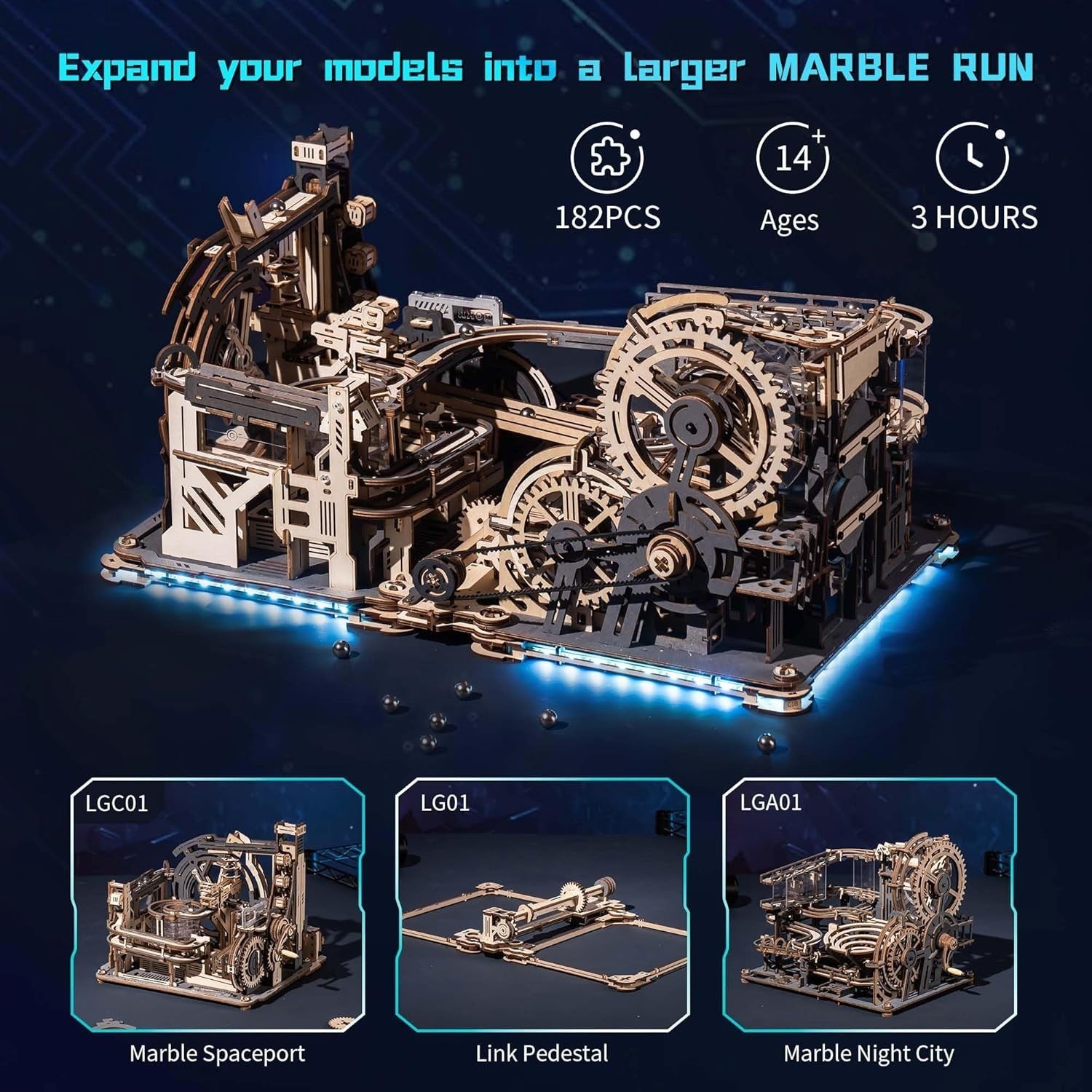 Wooden Marble Run Connection Kit with LED Light & Easy Assembly