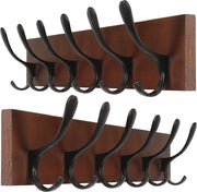 Wooden Wall Coat Rack Set | 2x 6 Hook Hanger Racks Brown & Black Finish