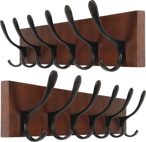 Wooden Wall Coat Rack Set | 2x 6 Hook Hanger Racks Brown & Black Finish