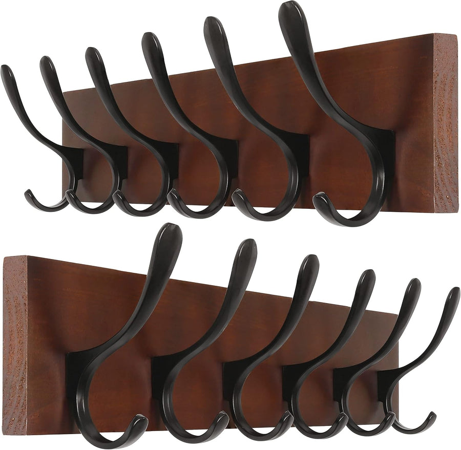 Wooden Wall Coat Rack Set | 2x 6 Hook Hanger Racks Brown & Black Finish