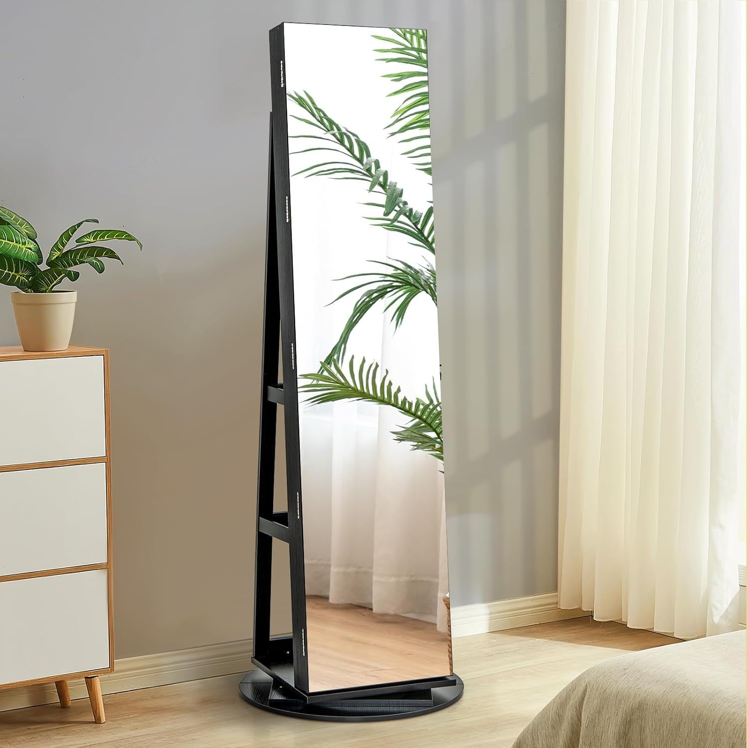 Black 360° Swivel LED Jewelry Cabinet Mirror Lockable 3-Color Storage