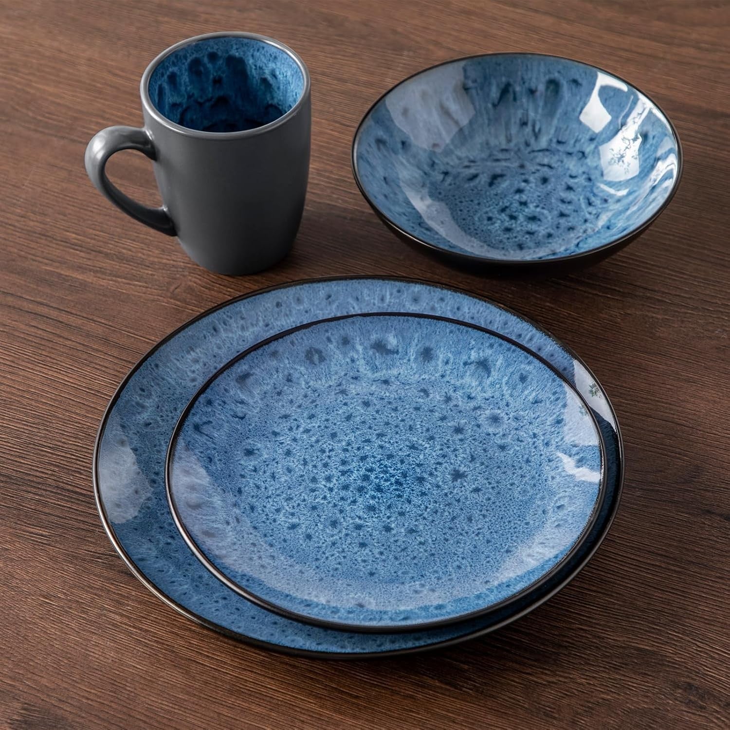 16pc Reactive Glaze Dinnerware Set Blue Plates Bowls Mugs Service for 4