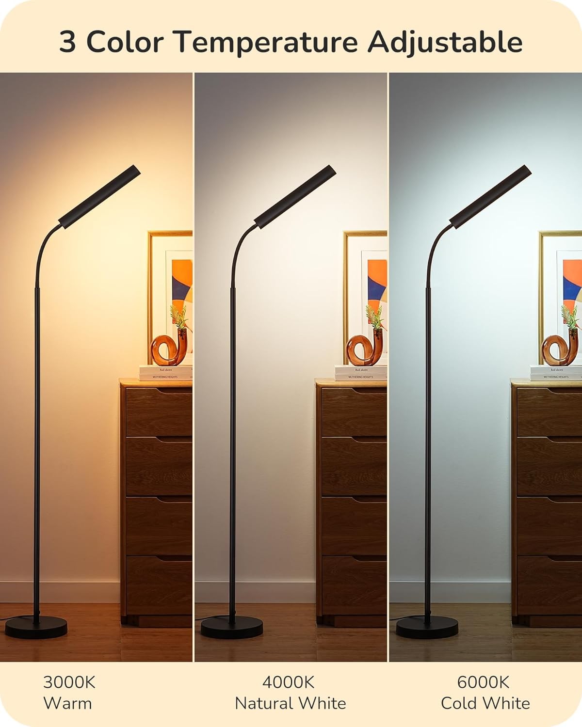 LED Floor Lamp Dimmable Gooseneck Reading Light 3 Colour Standing Lamp