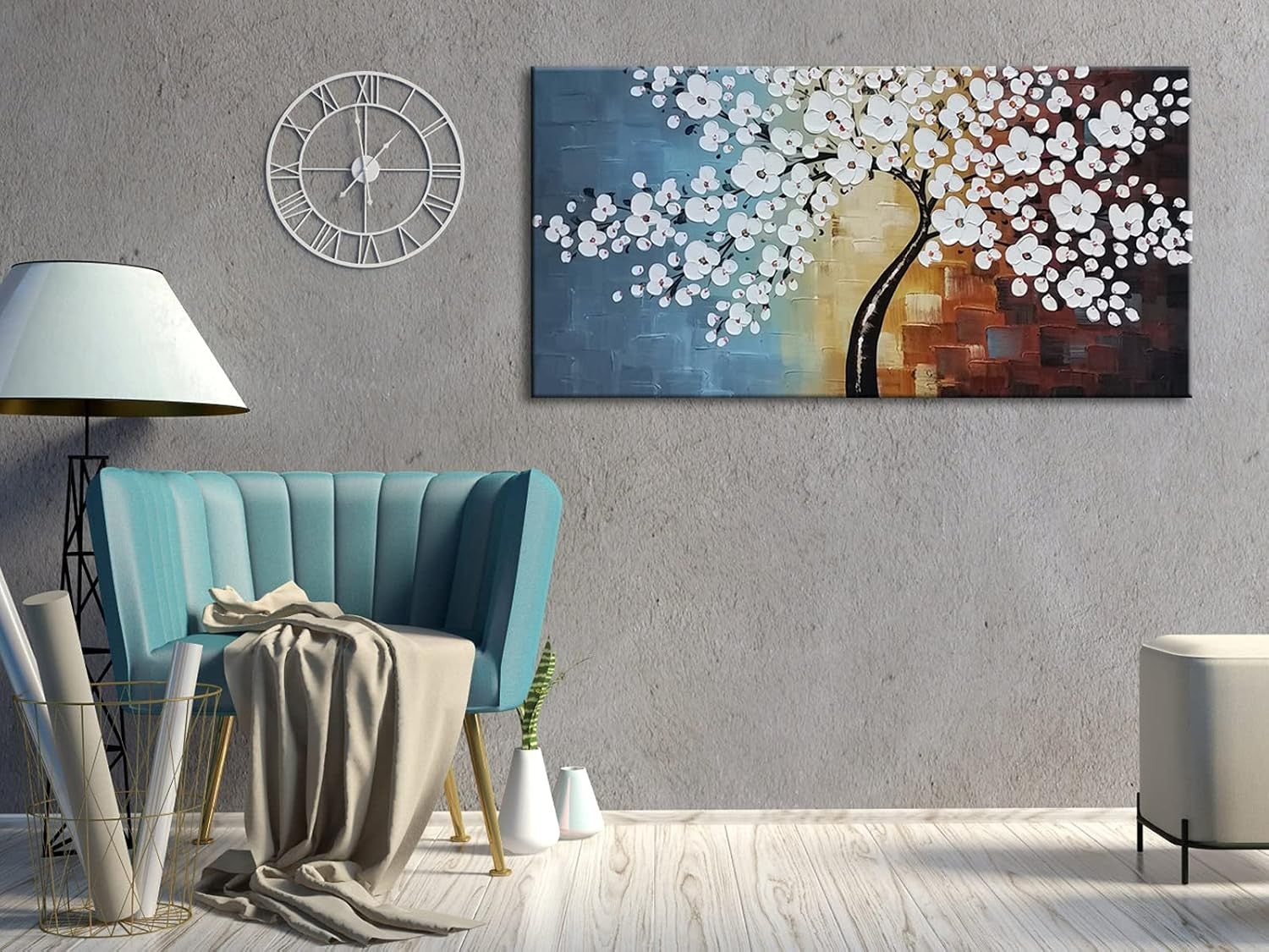 Large Hand Painted White Flowers Canvas Wall Art