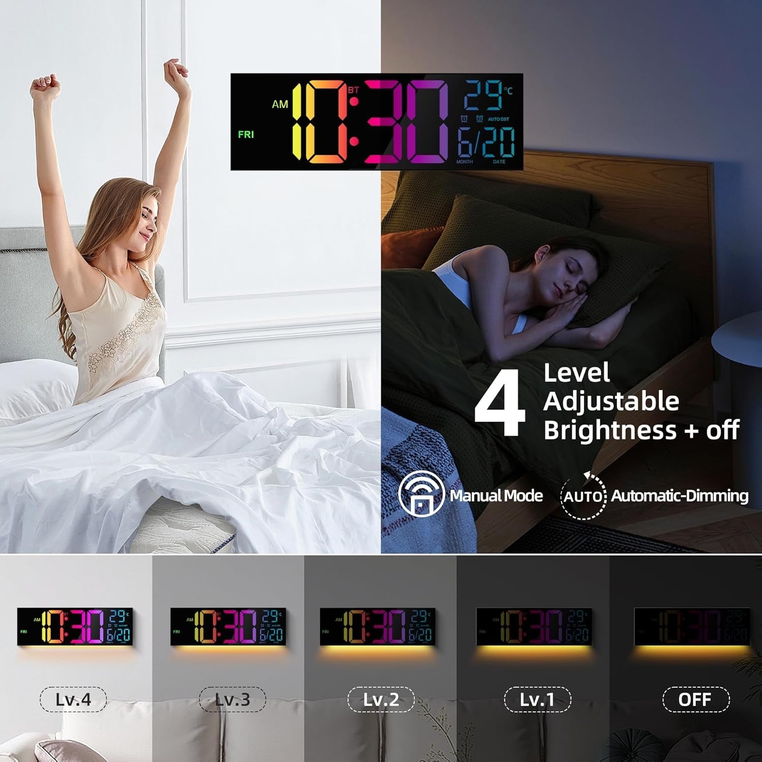 16.2 Inch Large Digital Wall Clock LED RGB Bluetooth Remote Alarm