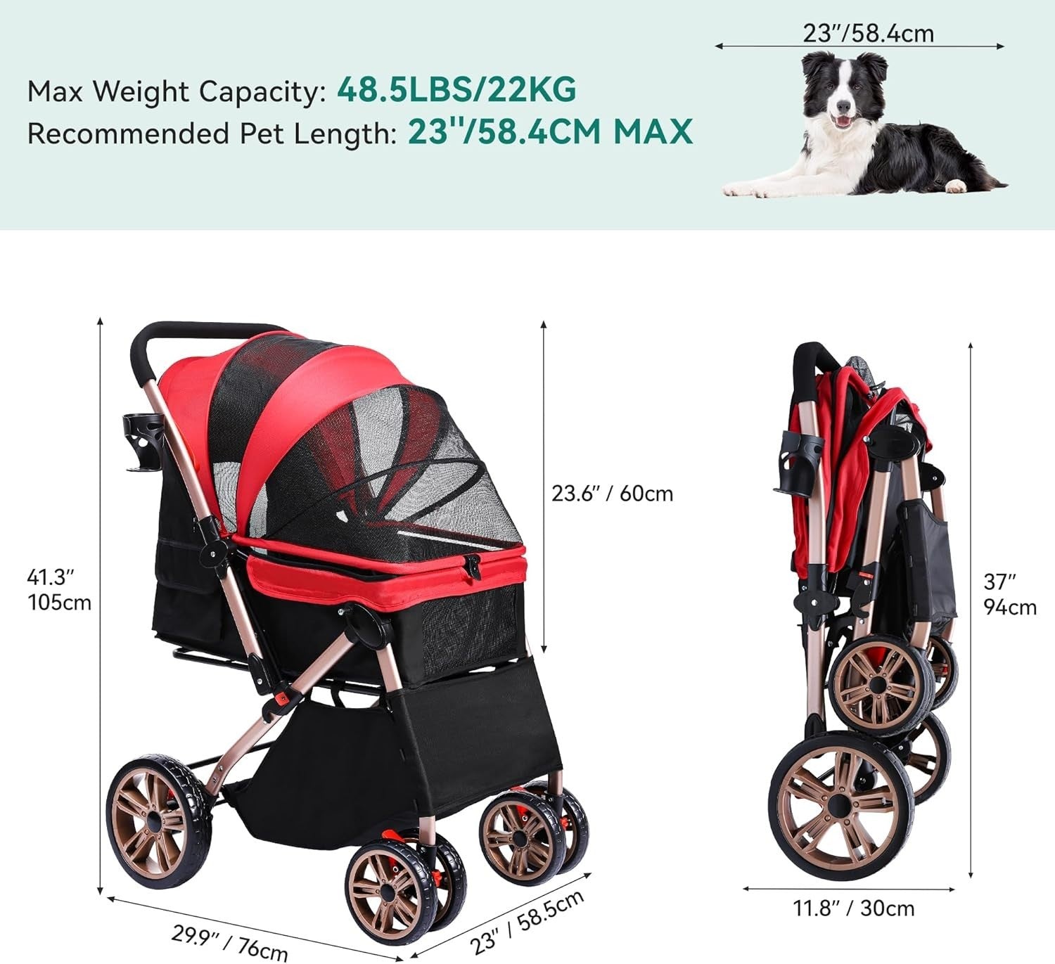Foldable Dog Pram Pet Buggy Reversible Push Handle EVA Wheels 22kg
