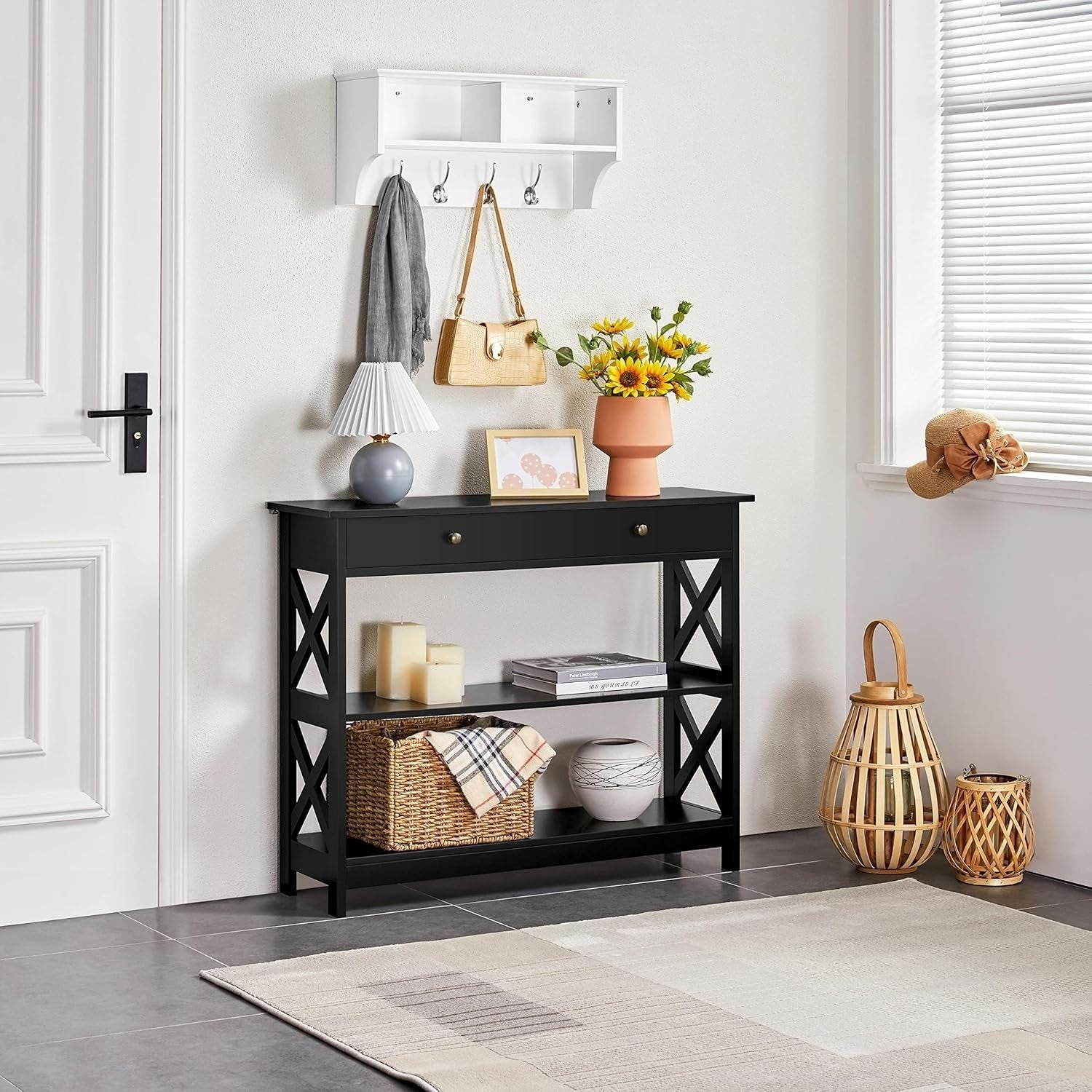 3 Tier Console Table with Drawer & Storage – Black Entryway Shelf Unit