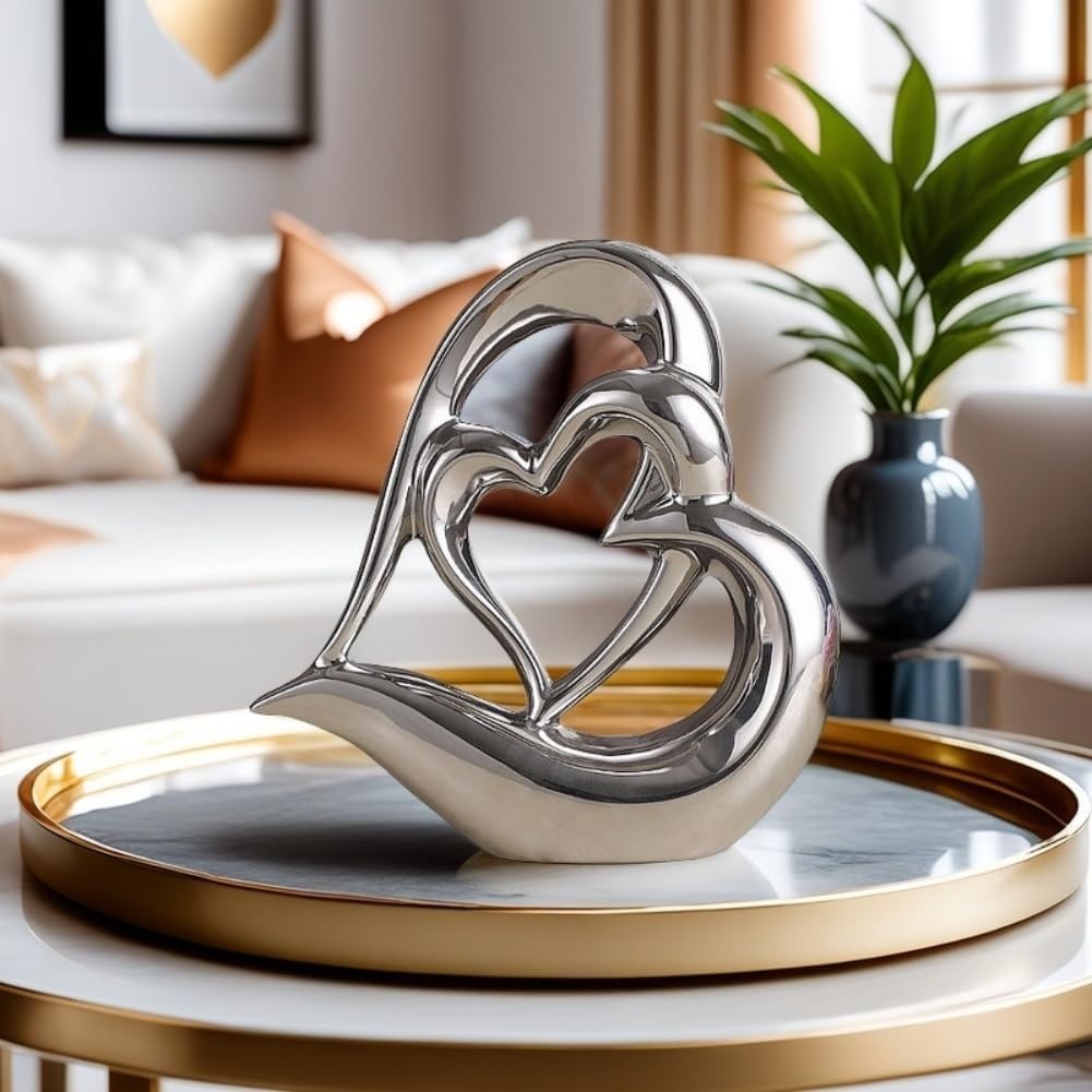 Silver Double Heart Ceramic Sculpture Modern Luxury Ornament Home Decor Gift