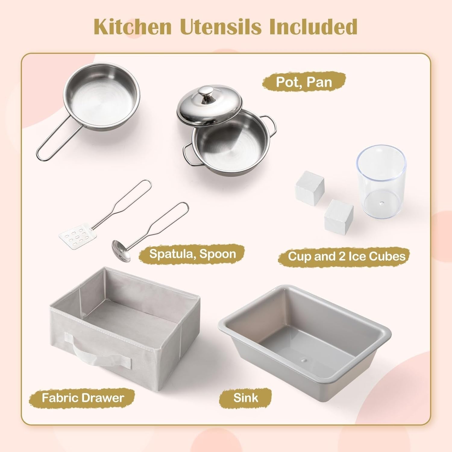 Wooden Kids Play Kitchen Pink Ice Maker Dishwasher Toy Set