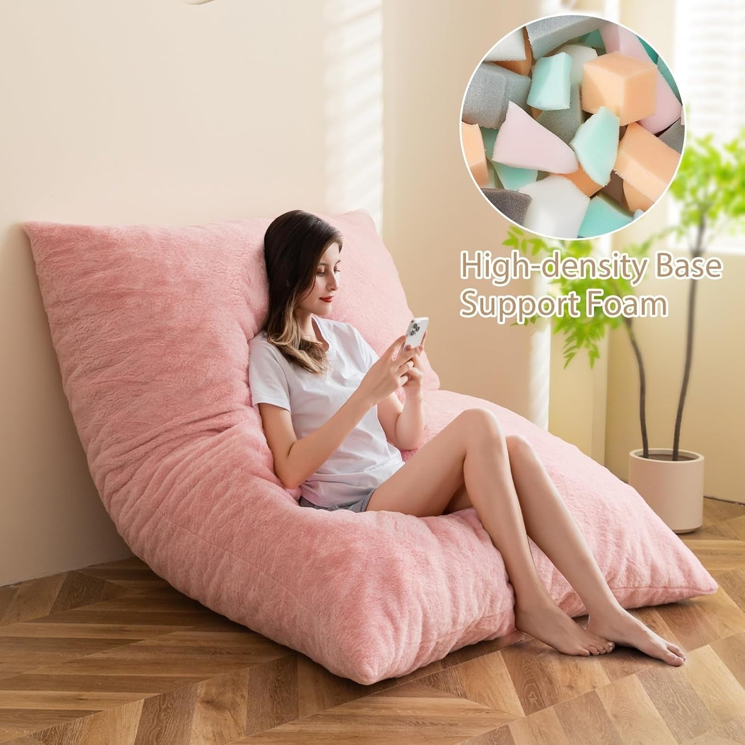 Pink Bean Bag Sofa Bed 135x190cm | Foldable Faux Fur Floor Lounger Chair