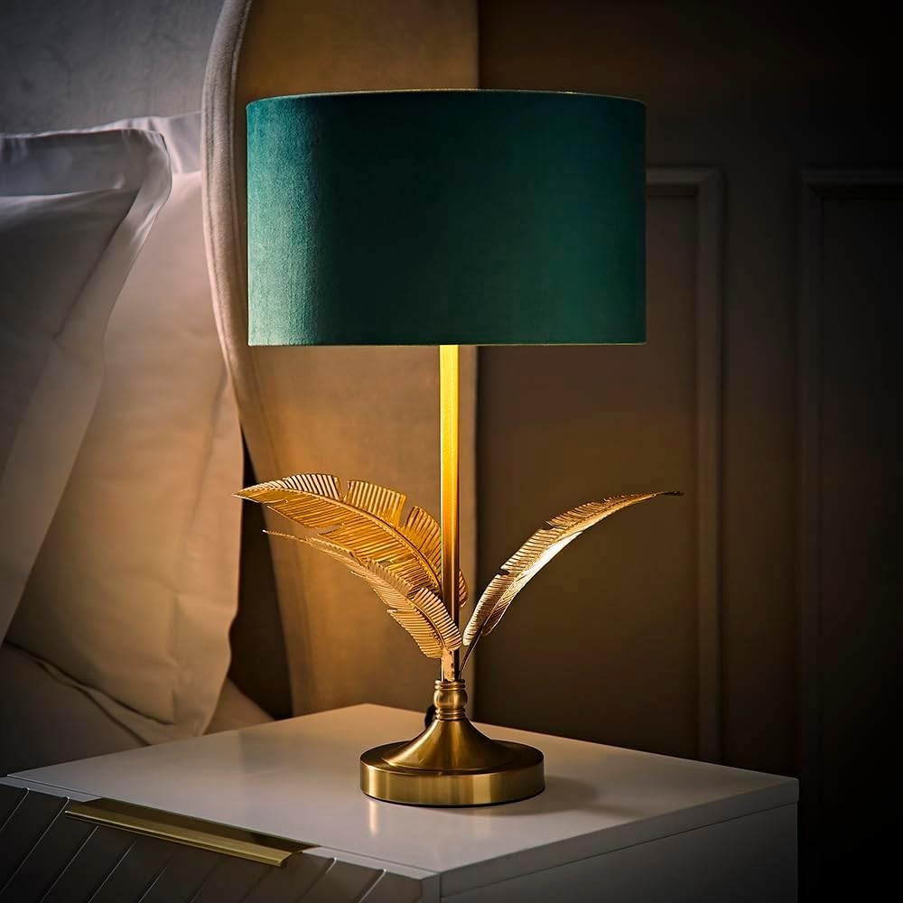 Green Velvet Gold Palm Leaf Table Lamp Drum Shade Luxury Bedside Light