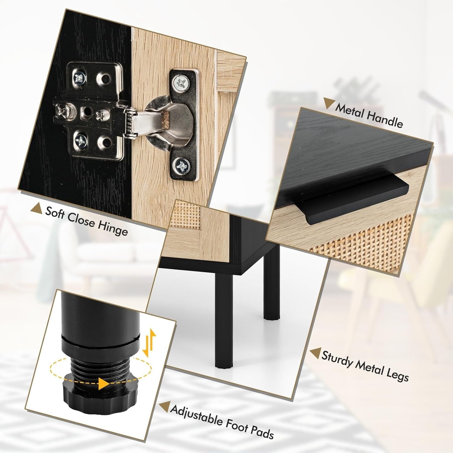 Set of 2 Black Rattan Bedside Tables with Drawer & Cabinet Modern Nightstands