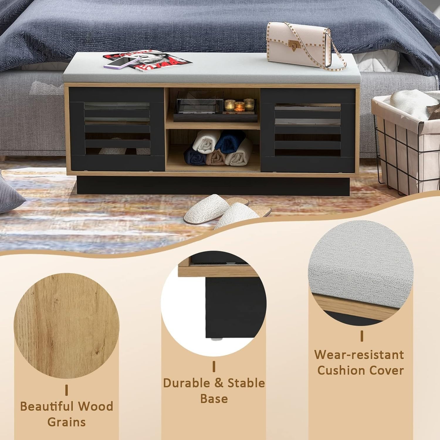 2-Tier Shoe Storage Bench with Cushion, 6 Compartments & Sliding Doors