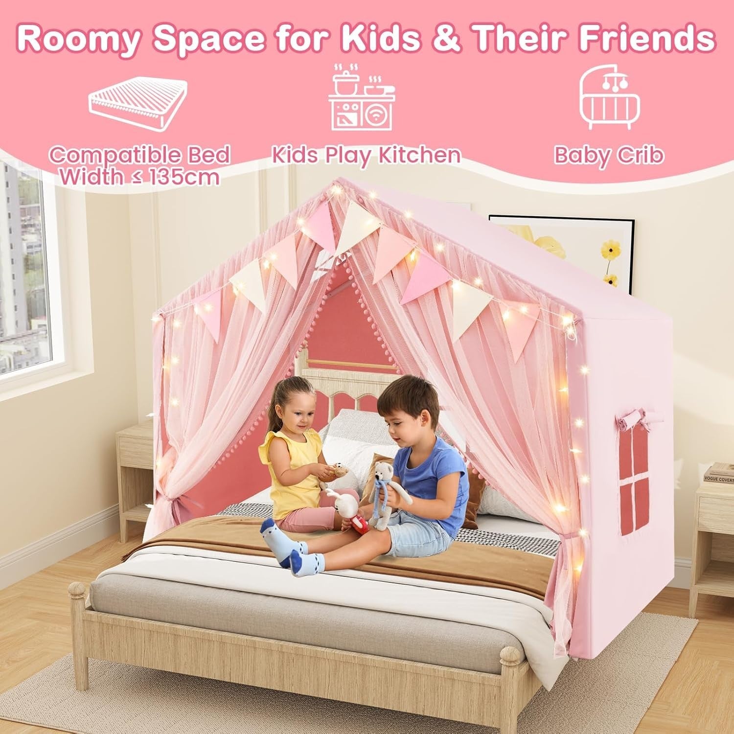 Large Kids Play Tent Castle Indoor w Star Lights Mat Windows Girls Boys