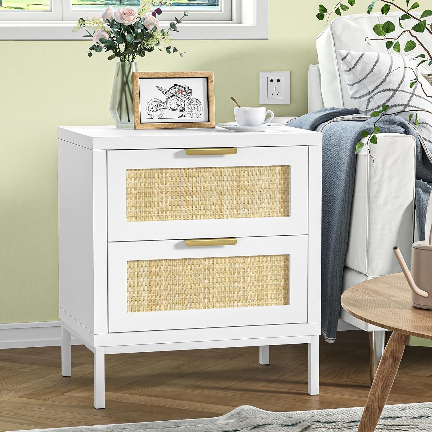 Set of 2 White Rattan Bedside Tables with Drawers – Modern Scandi Style
