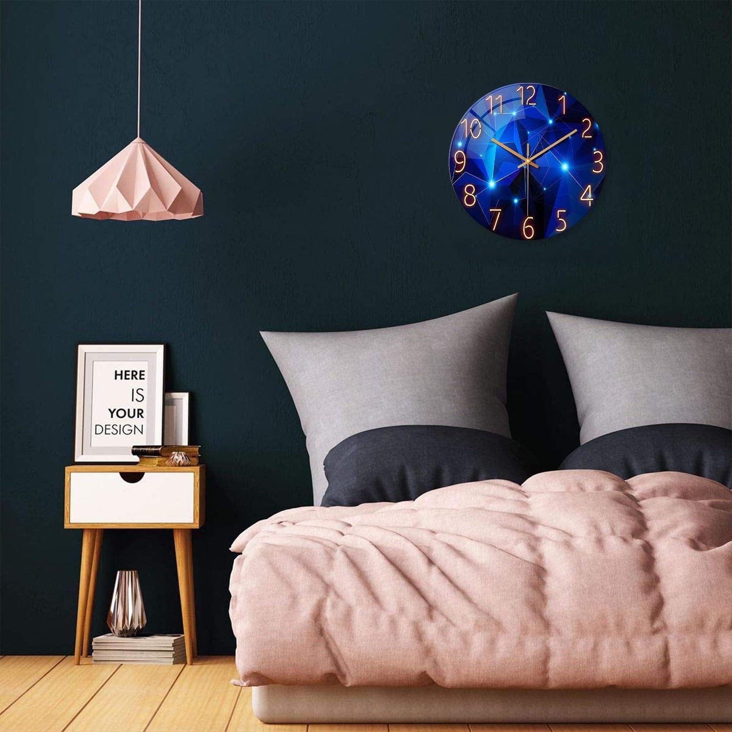 Modern 14 Inch Blue Wall Clock Glass Silent Non-Ticking Large Home Decor