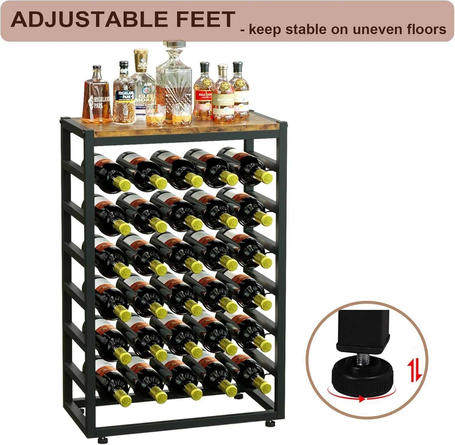 30 Bottle Wine Rack Floor Standing with Wood Top, 6-Tier Metal Wine Storage