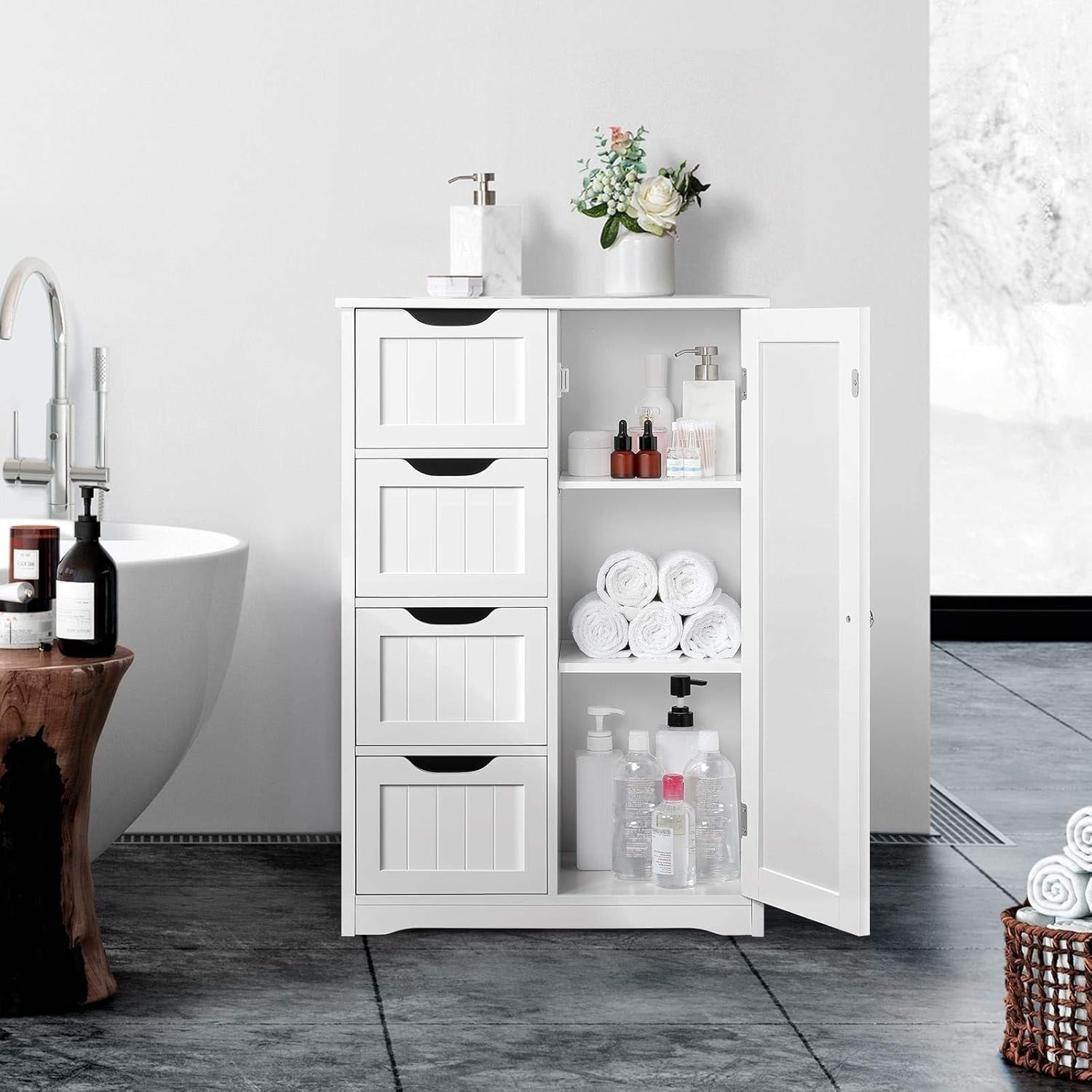White Wooden Bathroom Cabinet 4 Drawer Storage Cupboard Organizer Unit