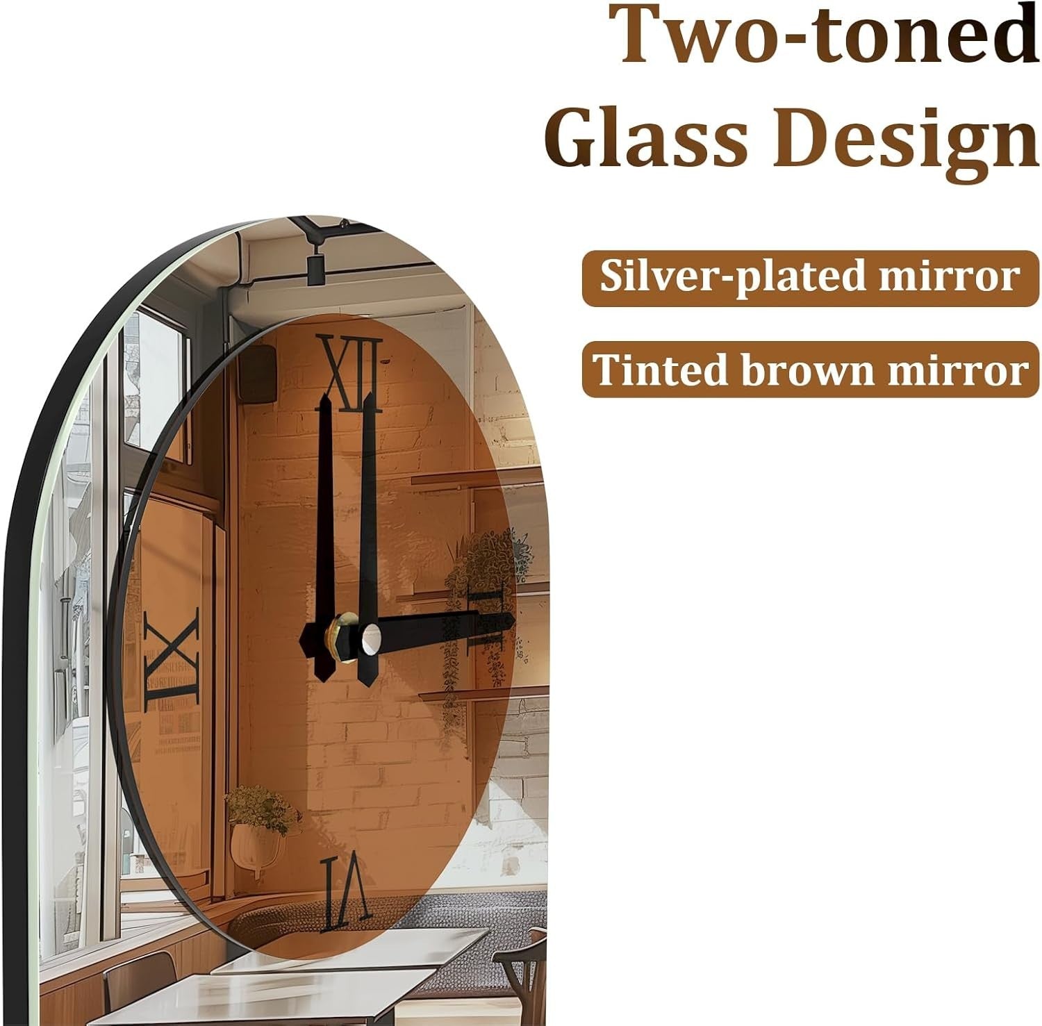 Large Silver & Brown Arched Wall Clock - Modern Roman Numerals Silent Timepiece