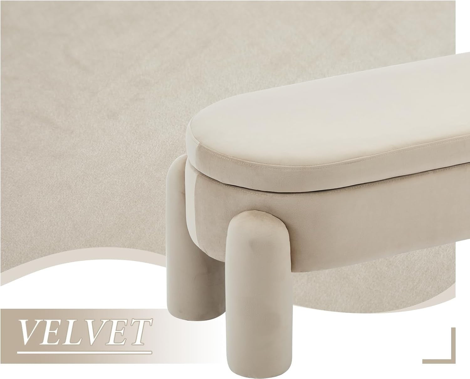 Luxury Khaki Velvet Storage Ottoman Bench with Spacious Seat & Soft Cushion