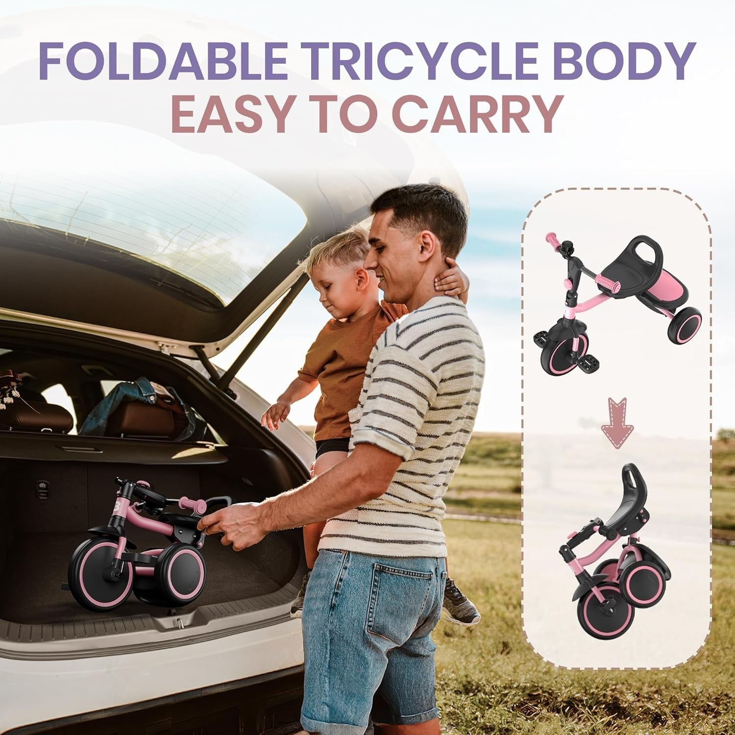 Kids Tricycle Toddler Trike Foldable Balance Bike Pink Age 18M-5Y