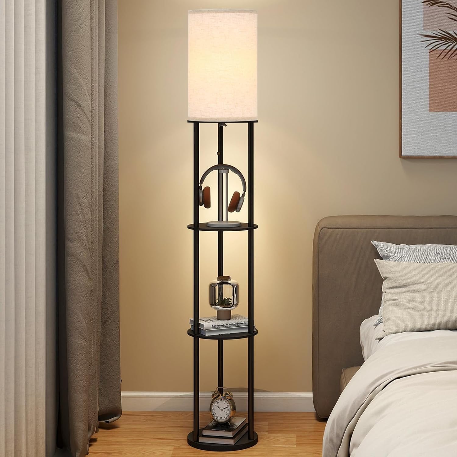 Floor Lamp with Shelves Tall Standing Light E27 Storage Display Lamp Black