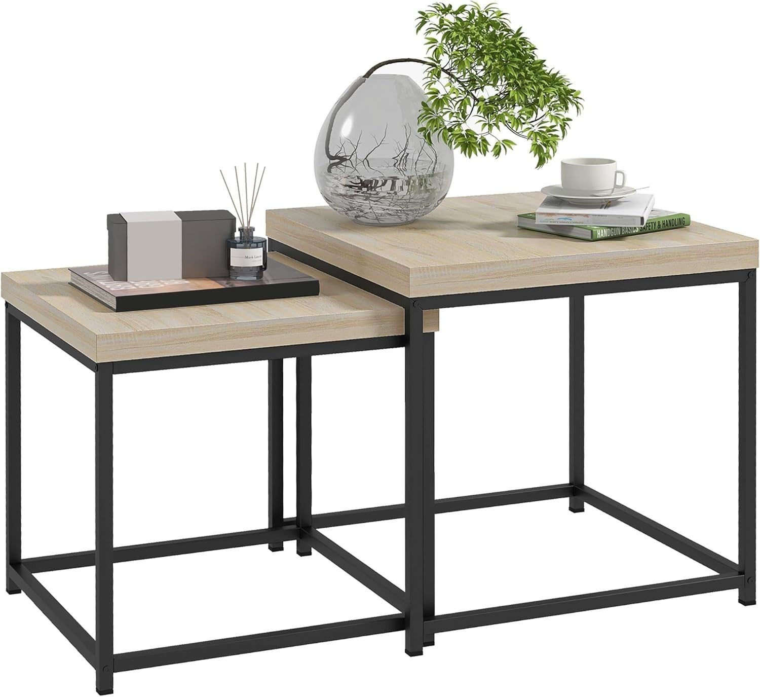 Oak Nesting Coffee Table Set Modern Square End Side Accent Tables Steel Frame