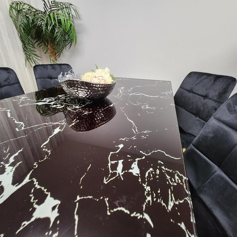 Black Marble Glass Dining Table Set with 4 Velvet Chairs Modern 120cm