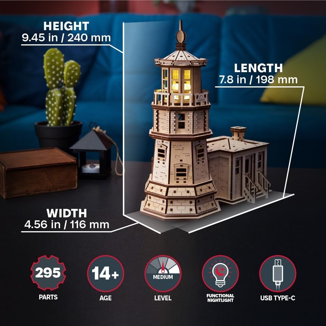 3D Wooden Lighthouse Puzzle with LED Nightlight – DIY Model Kit Gift