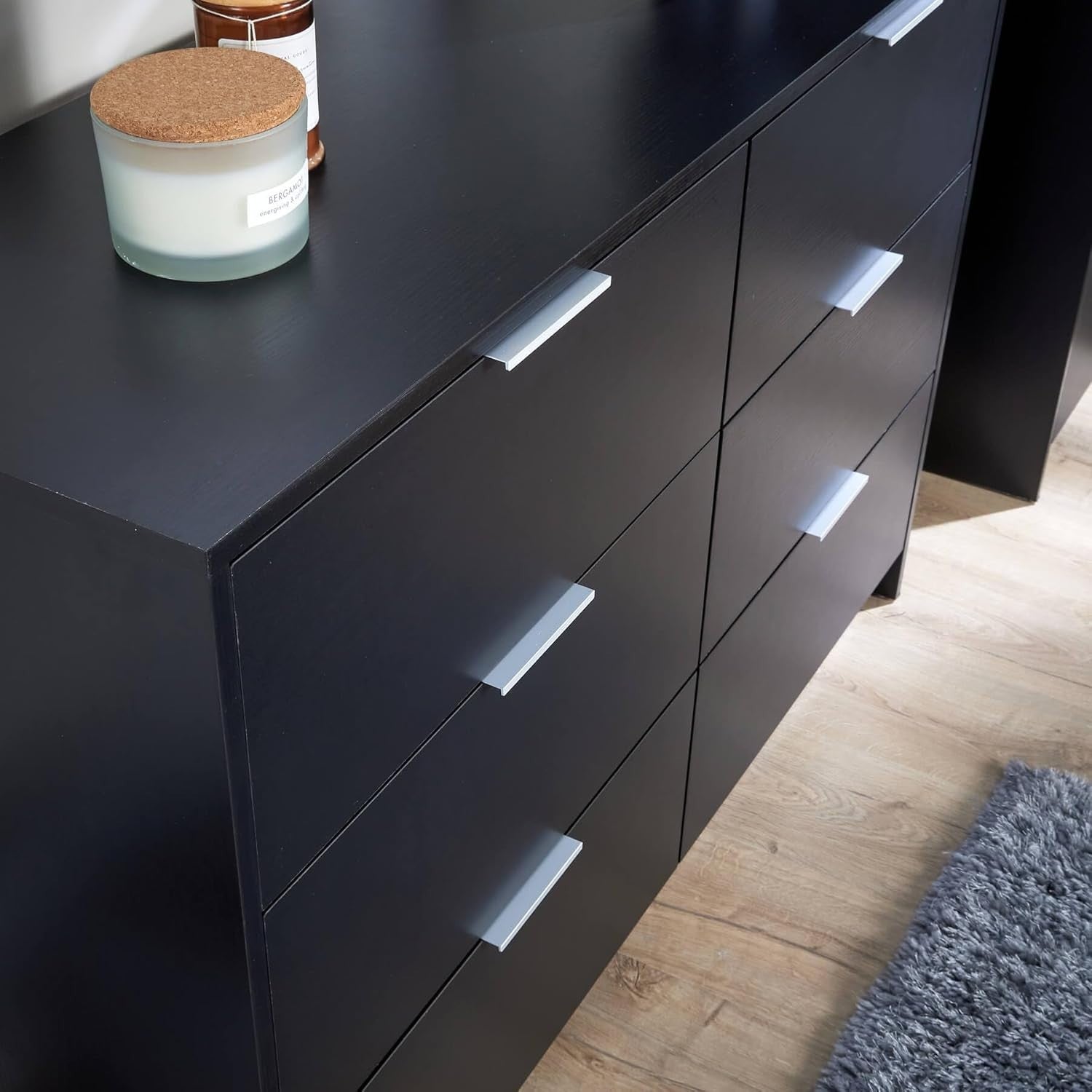 Black 6 Drawer Wide Chest Bedroom Storage Cabinet Modern Clothes Unit