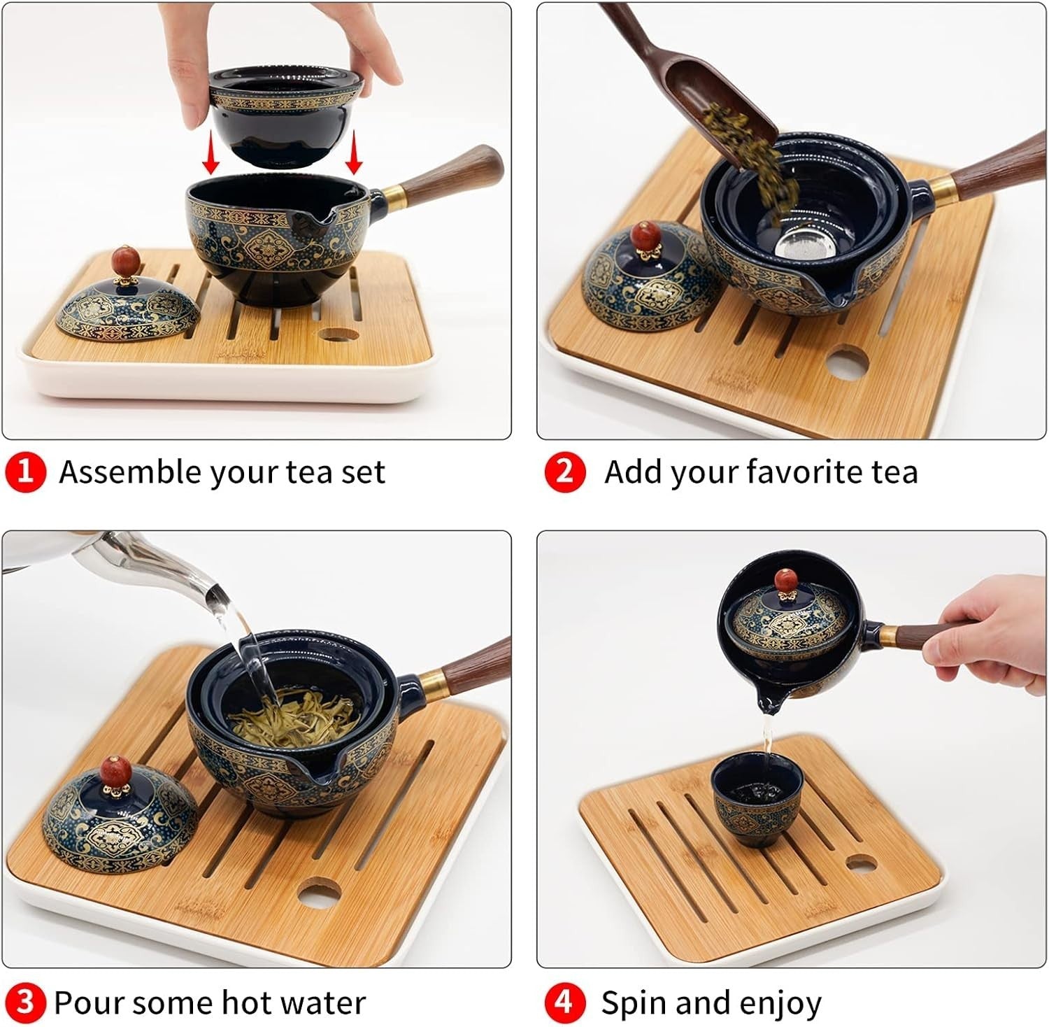 Portable Gongfu Tea Set 360° Rotating Teapot Infuser Travel Kit Black
