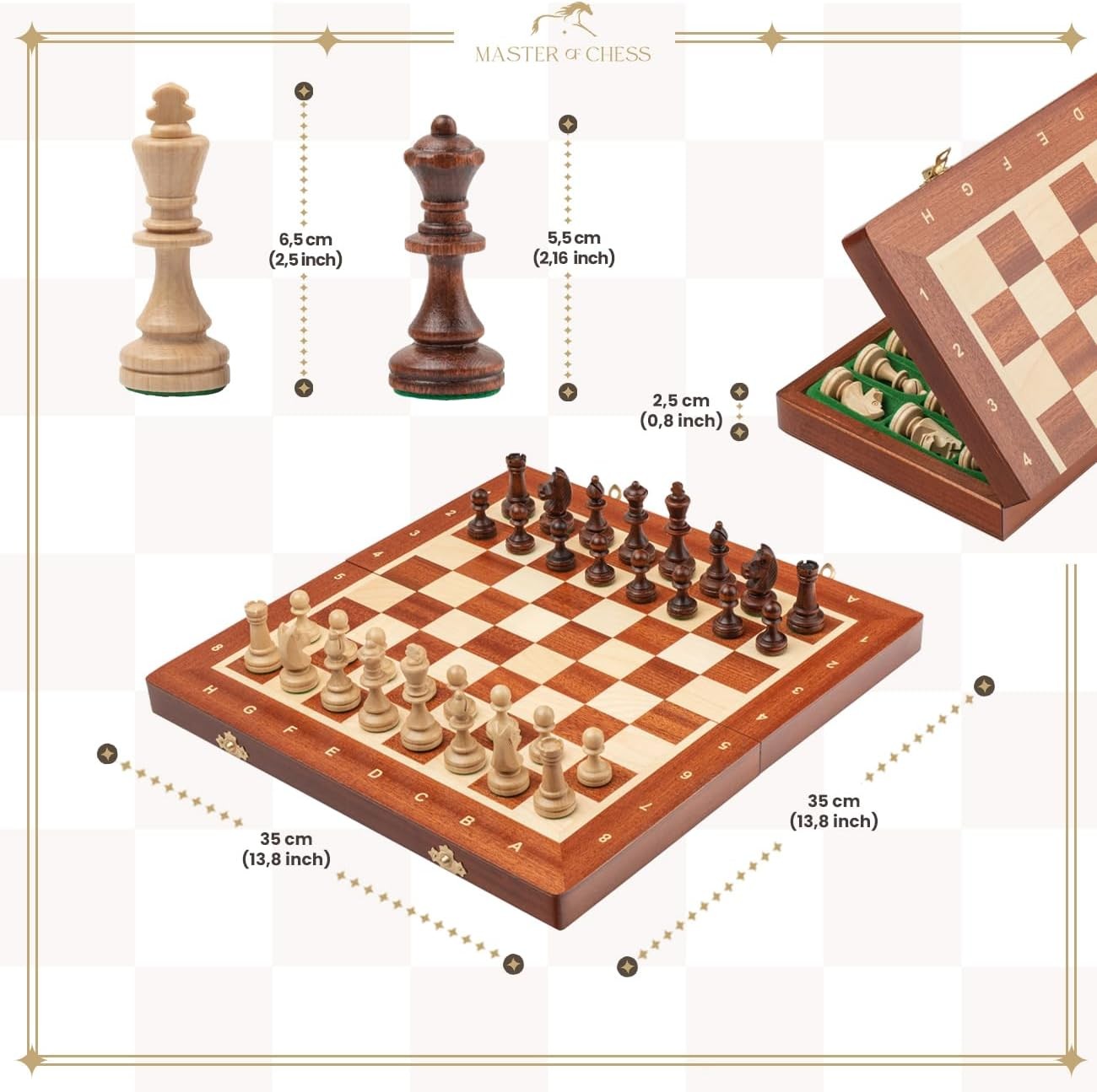 Portable Tournament Wooden Chess Set 35cm Inlaid Foldable Board Staunton No.3