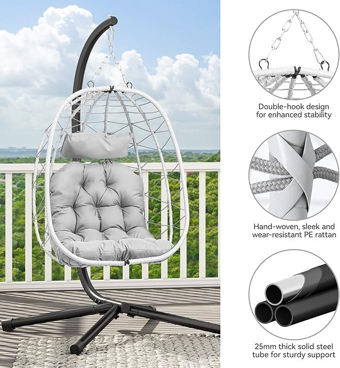 Luxury Hanging Egg Chair with Stand Outdoor Rattan Swing Seat Grey Cushion