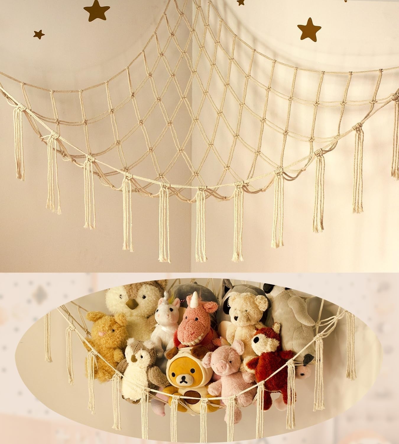 XL Stuffed Animal Hammock Beige Wall Net Toy Storage Kids Room Decor
